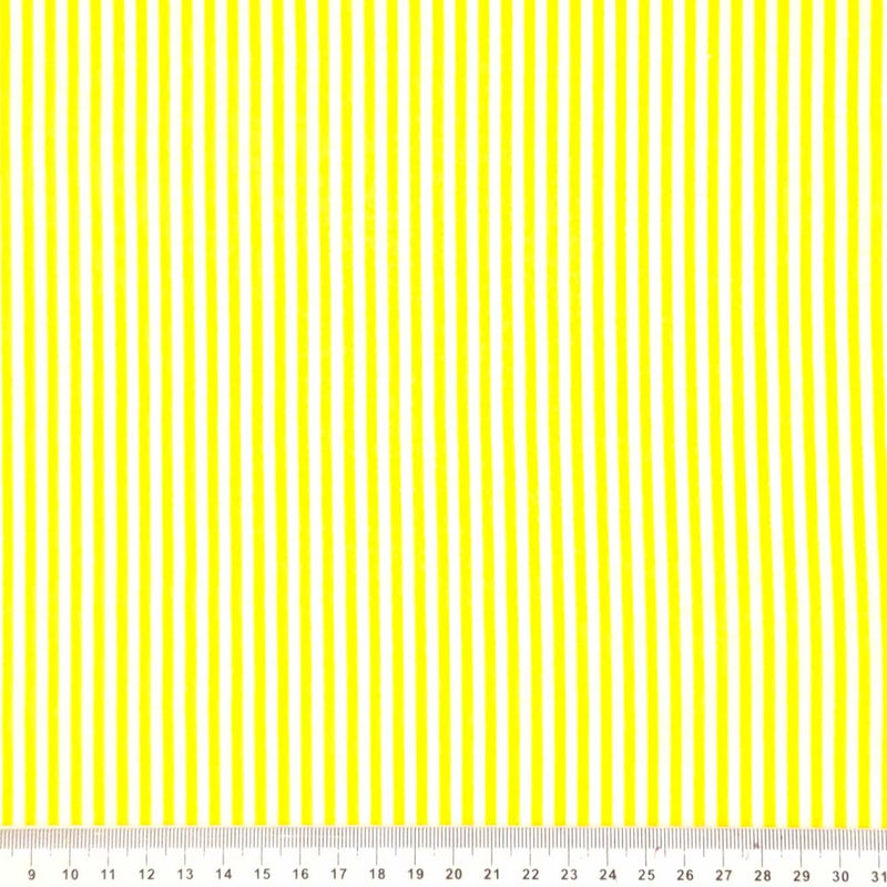 Sunshine yellow and white candy stripes on a cotton fabric with a cm ruler