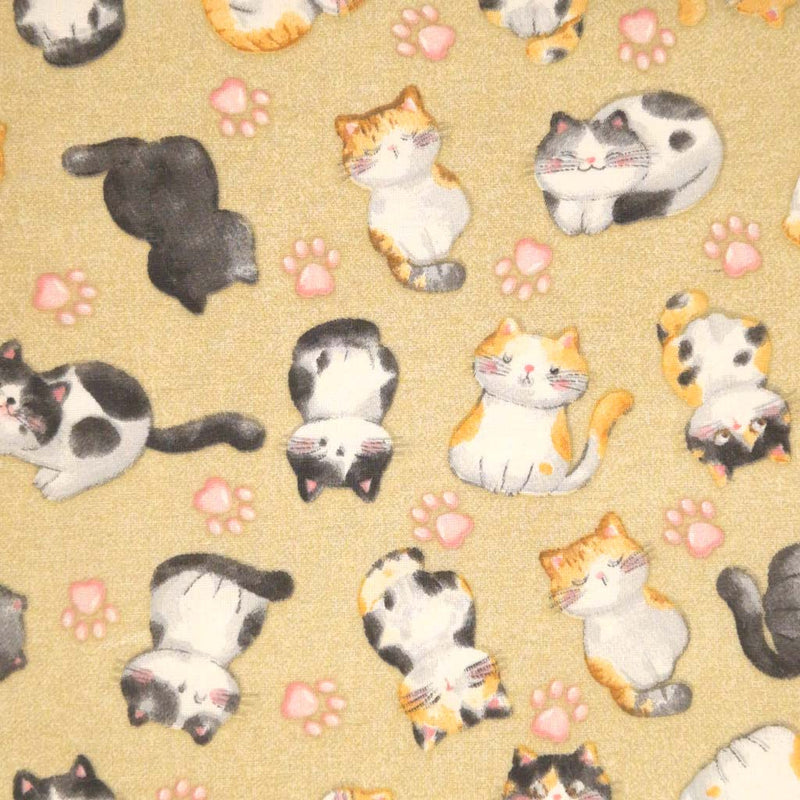 Adorable cats and baby pink paws digitally printed on a beige cotton rich, half panama, linen look craft canvas fabric