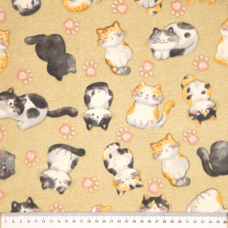 Adorable cats and baby pink paws digitally printed on a beige cotton rich, half panama, linen look craft canvas fabric