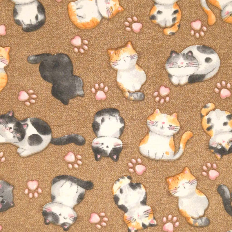 Adorable cats and baby pink paws digitally printed on a mocha cotton rich, half panama, linen look craft canvas fabric.