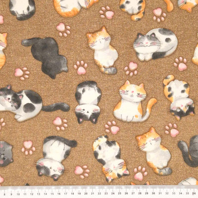 Adorable cats and baby pink paws digitally printed on a mocha cotton rich, half panama, linen look craft canvas fabric.