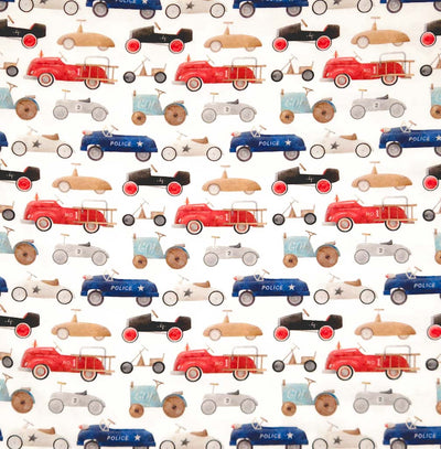 Vintage racing cars printed on a cotton jersey fabric