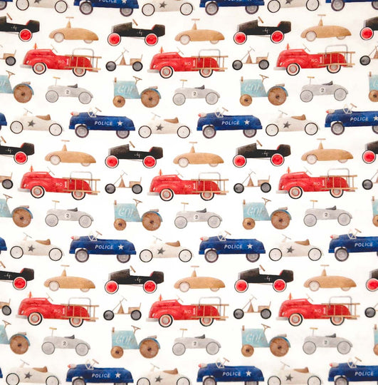 Vintage racing cars printed on a cotton jersey fabric