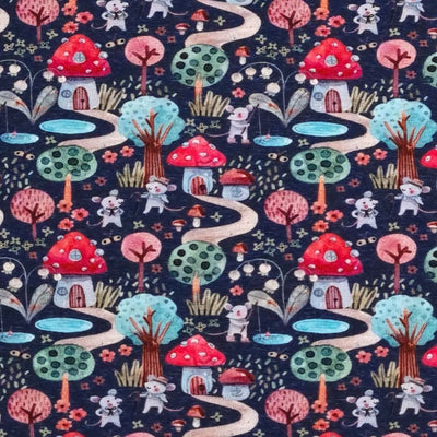 Toadstool houses with cute little mice are printed on a navy cotton jersey fabric