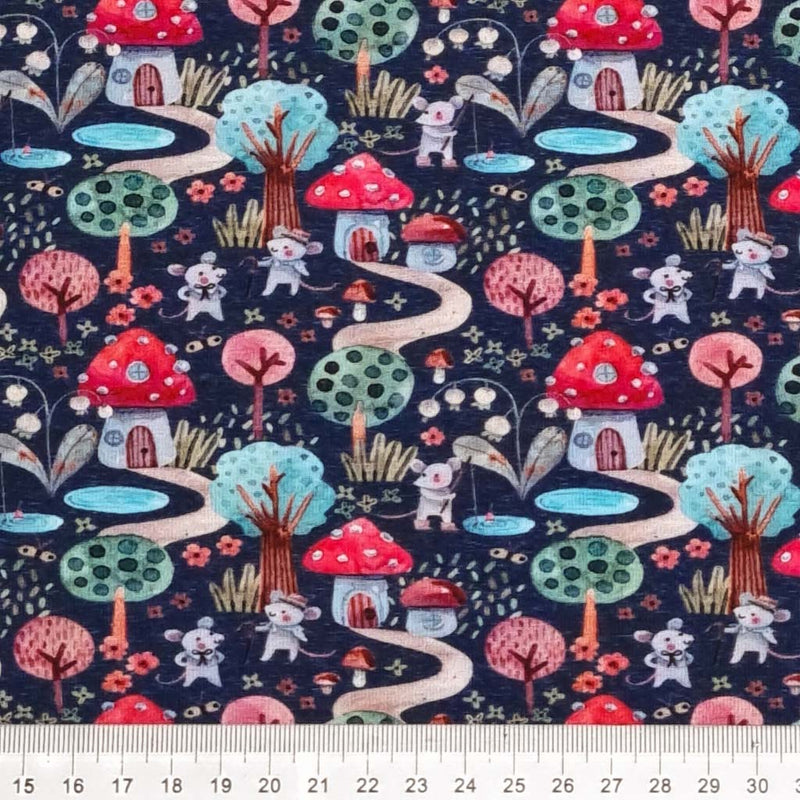 Toadstool Mouse Village - Cotton Jersey Fabric - Navy
