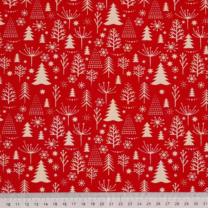 Christmas trees printed on a red natural fabric