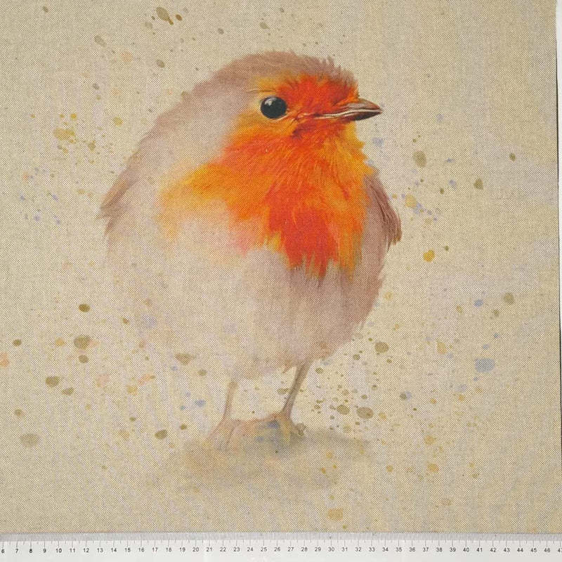 A robin is printed on a panama fabric panel with a cm ruler
