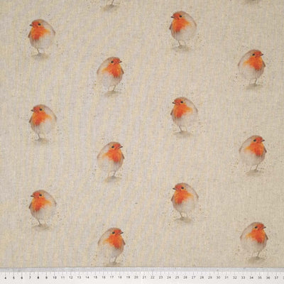 Robins are printed on a panama craft fabric with a cm ruler