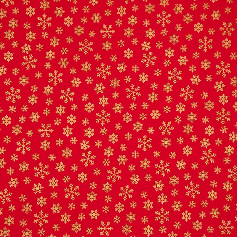 Red cotton fabric with gold snowflake pattern