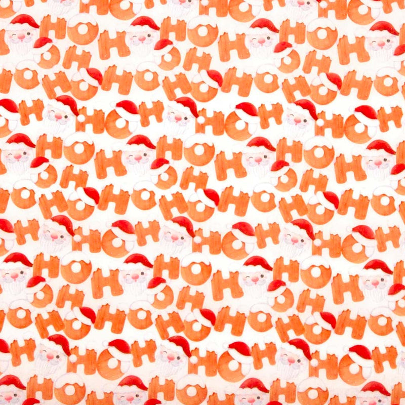 Ho Ho Ho and Santa faces printed on a white christmas polycotton fabric