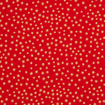 Red cotton fabric with small yellow star patterns