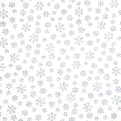 Pattern of silver snowflakes on a white cotton fabric