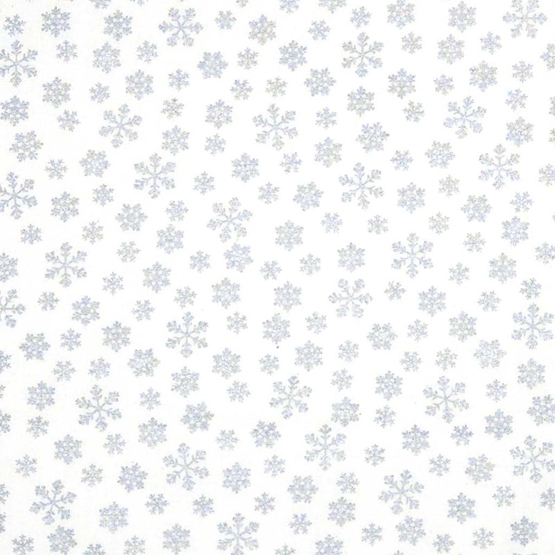 Pattern of silver snowflakes on a white cotton fabric