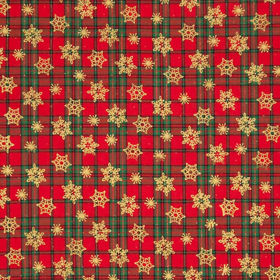 Red and green plaid pattern with gold snowflakes