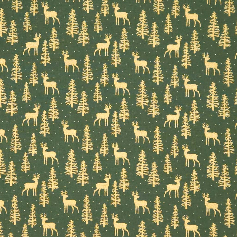 Pattern of deer and trees on a green cotton fabric