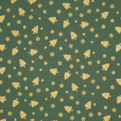 Pattern of gold Christmas trees and snowflakes on a green cotton fabric