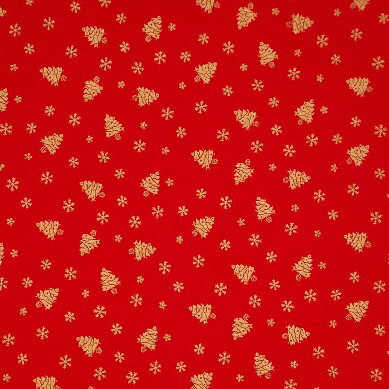 Red fabric with gold Christmas tree and snowflake pattern