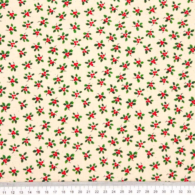 Christmas Cotton Fabric - Mini Holly Leaf - Cream