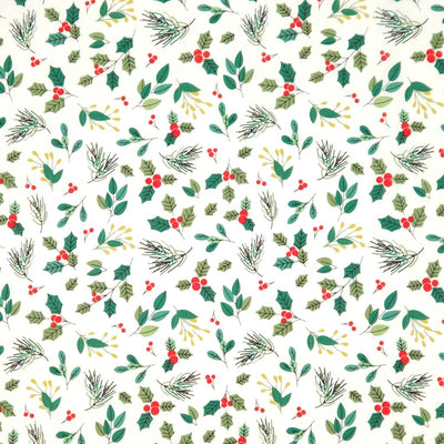 Pattern of Christmas foliage with green leaves, red berries, and pinecones on an ivory cotton fabric