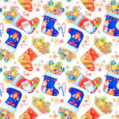 Pattern of colorful Christmas stockings with Santa Claus and candy on a white polycotton fabric