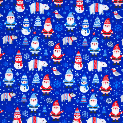 Pattern of Santa Claus, polar bears, snowmen, and birds on a blue polycotton fabric with snowflakes.