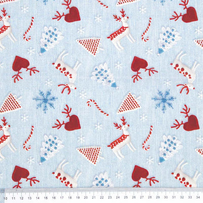 Christmas-themed fabric pattern with reindeer, candy canes, and snowflakes on a light blue cotton.