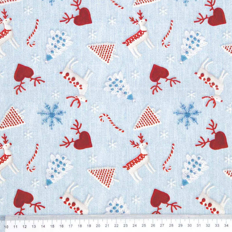 Christmas-themed fabric pattern with reindeer, candy canes, and snowflakes on a light blue cotton.