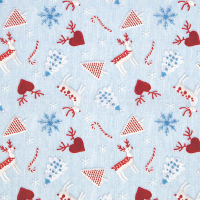 Christmas-themed pattern with reindeer, candy canes, and snowflakes on a light blue cotton fabric.