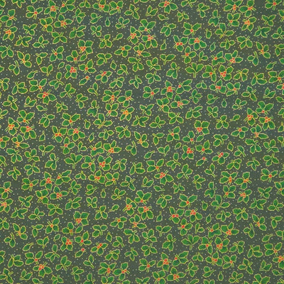 Pattern of green holly leaves and red berries on a dark green cotton fabric
