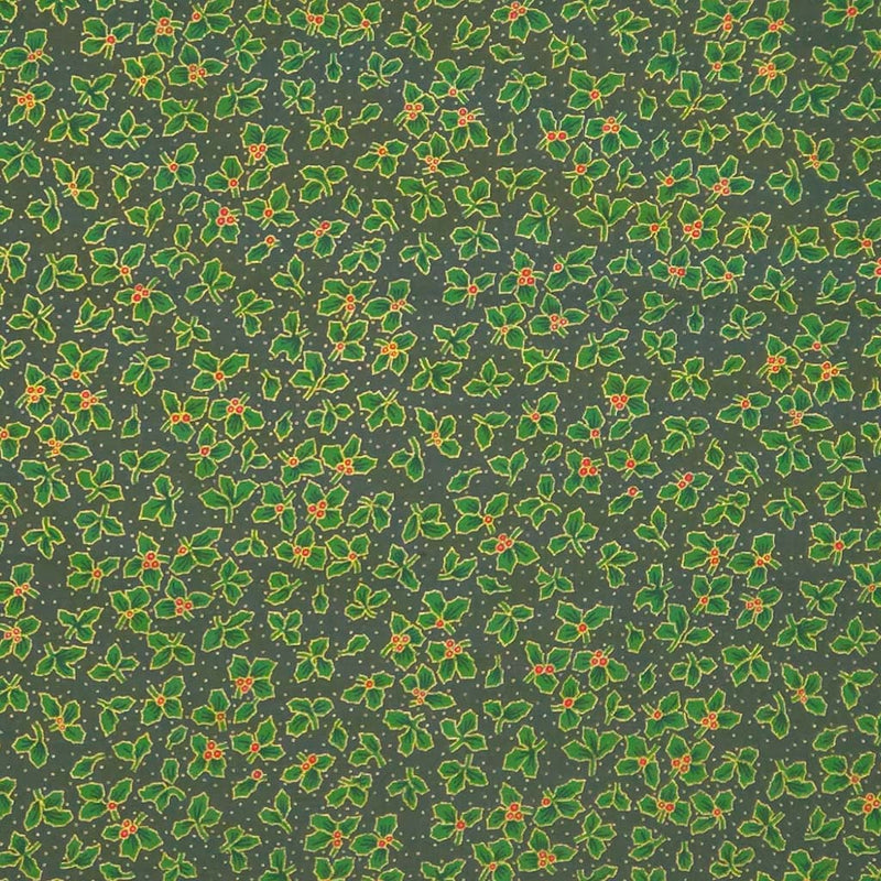 Pattern of green holly leaves and red berries on a dark green cotton fabric