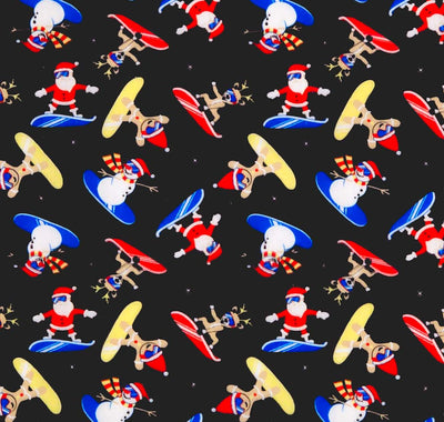 Snowboarding chrismas characters printed on a black polycotton fabric