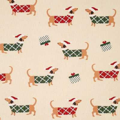 Christmas jumper wearing dachshunds and gifts printed on a natural 100% cotton fabric.