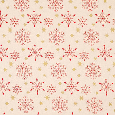Red scandi snowflakes and gold metallic stars printed on a natural 100% cotton fabric.