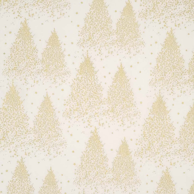 A Christmas tree design that is made entirely of clustered gold dots to create a frosty, wintery forest pattern printed on a cream 100% cotton fabric