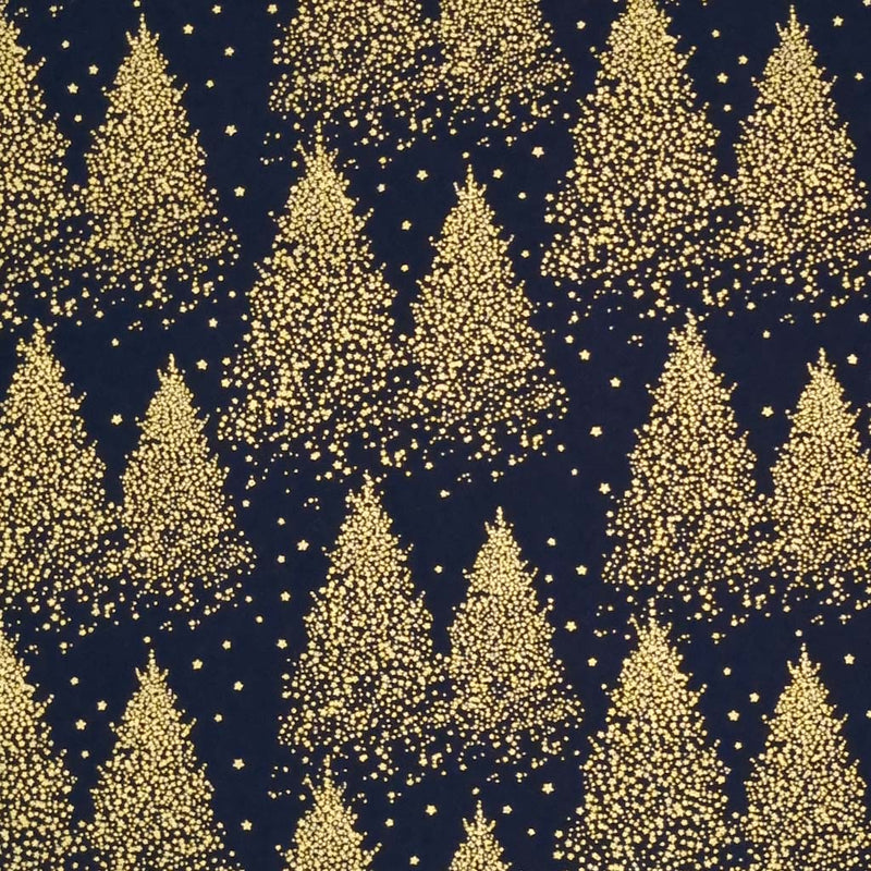 A Christmas tree design that is made entirely of clustered gold dots to create a frosty, wintery forest pattern printed on a navy 100% cotton fabric