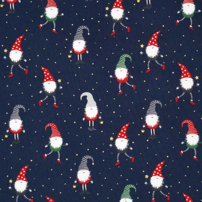 Festive gonks are printed on a navy cotton fabric