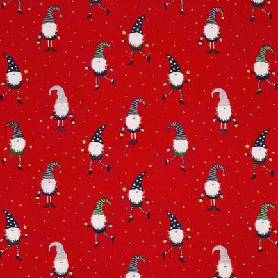 Festive gonks are printed on a red cotton fabric