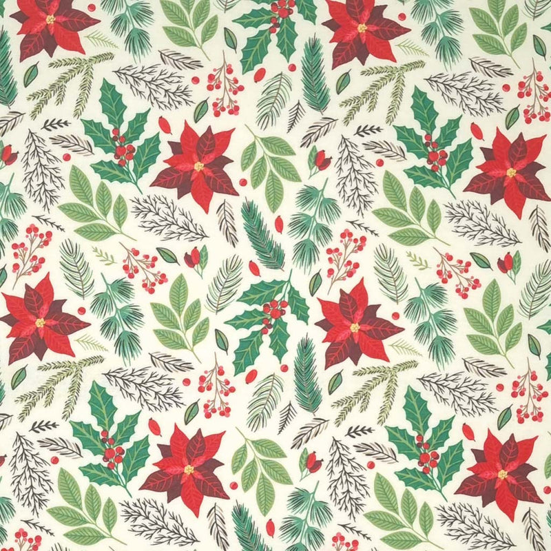 Poinsettia and mixed Christmas leaves such as fern, holly and berries are printed on an ivory  100% cotton fabric by Rose & Hubble