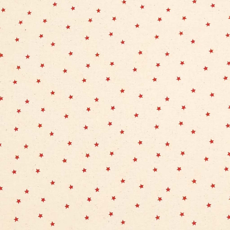 Mini red scattered stars printed on a natural 100% cotton fabric