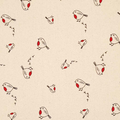 Christmas robins and their footprints on a natural 100% cotton fabric