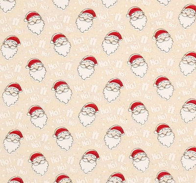 Jolly santa faces and his famous words 'ho ho ho' printed on a natural 100% cotton fabric