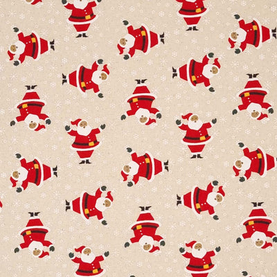 Jolly santas surrounded by snowflakes printed on a natural 100% cotton fabric.