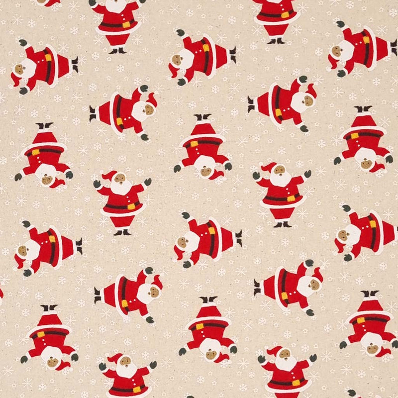Jolly santas surrounded by snowflakes printed on a natural 100% cotton fabric.