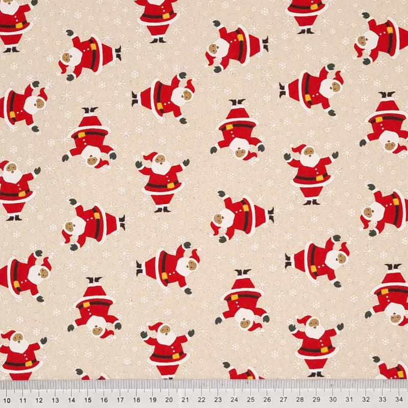 Jolly santas surrounded by snowflakes printed on a natural 100% cotton fabric. with a cm ruler