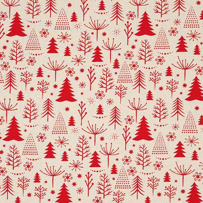 A scandinavian style red christmas tree fabric print on a natural cotton