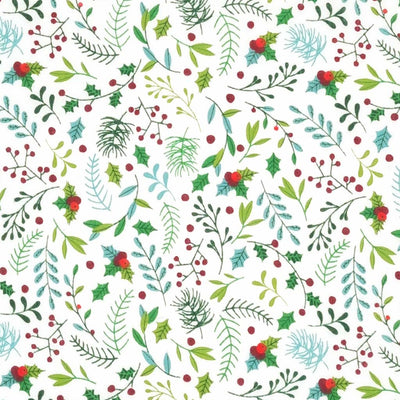 Festive holly leaves and berries printed on a white polycotton christmas fabric