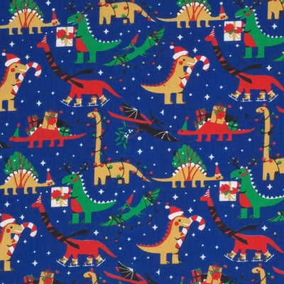 Dinosaurs wrapped in fairy lights are printed on a blue christmas polycotton fabric