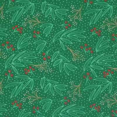 Holly berries and a festive floral fabric print on green polycotton