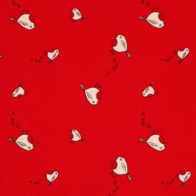 Christmas robins and their footprints on a red 100% cotton fabric