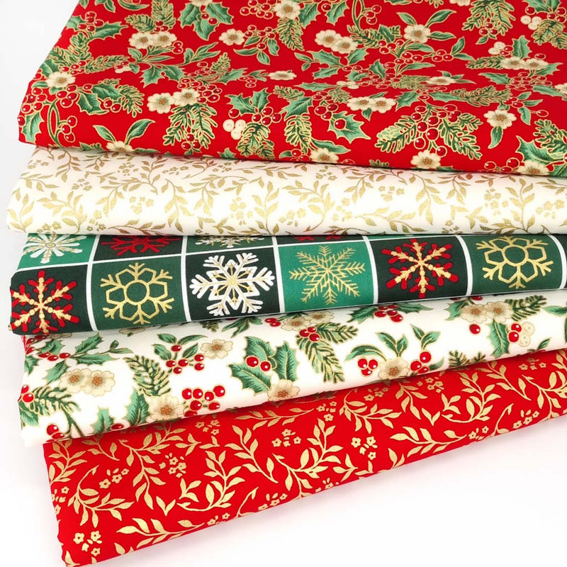 A traditional festive bundle of 5 cotton fabrics with gold metallic design features. The prints include a holly with flowers and a small metallic floral design as well as a green and red checkboard